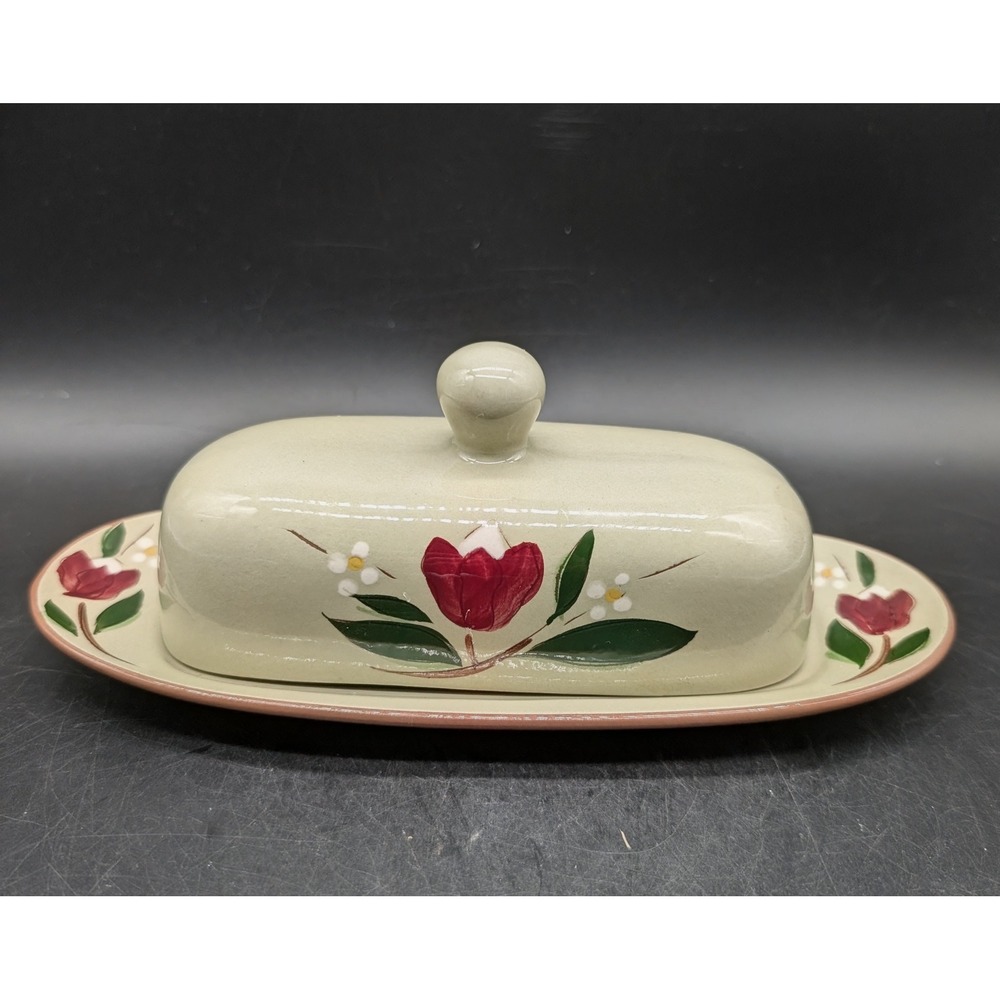 Stangl Pottery Magnolia Covered Butter Dish Hand Painted Vintage Sage Green